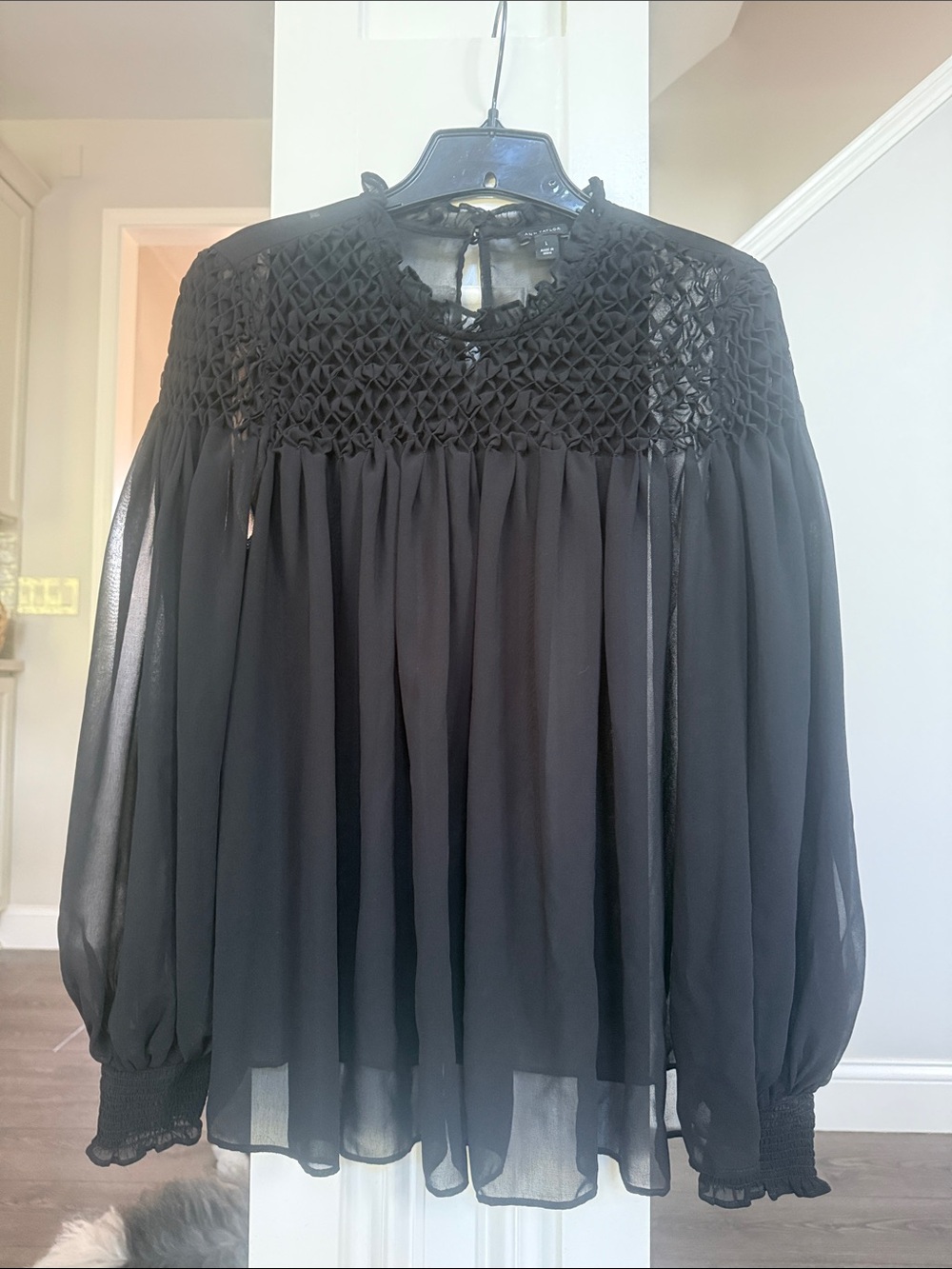 Ann Taylor Black Smocked Yoke Chiffon Blouse Large